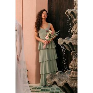 Lulus Carlynda Sage Brush Tiered Bustier Maxi Dress Green - Size M - NWT